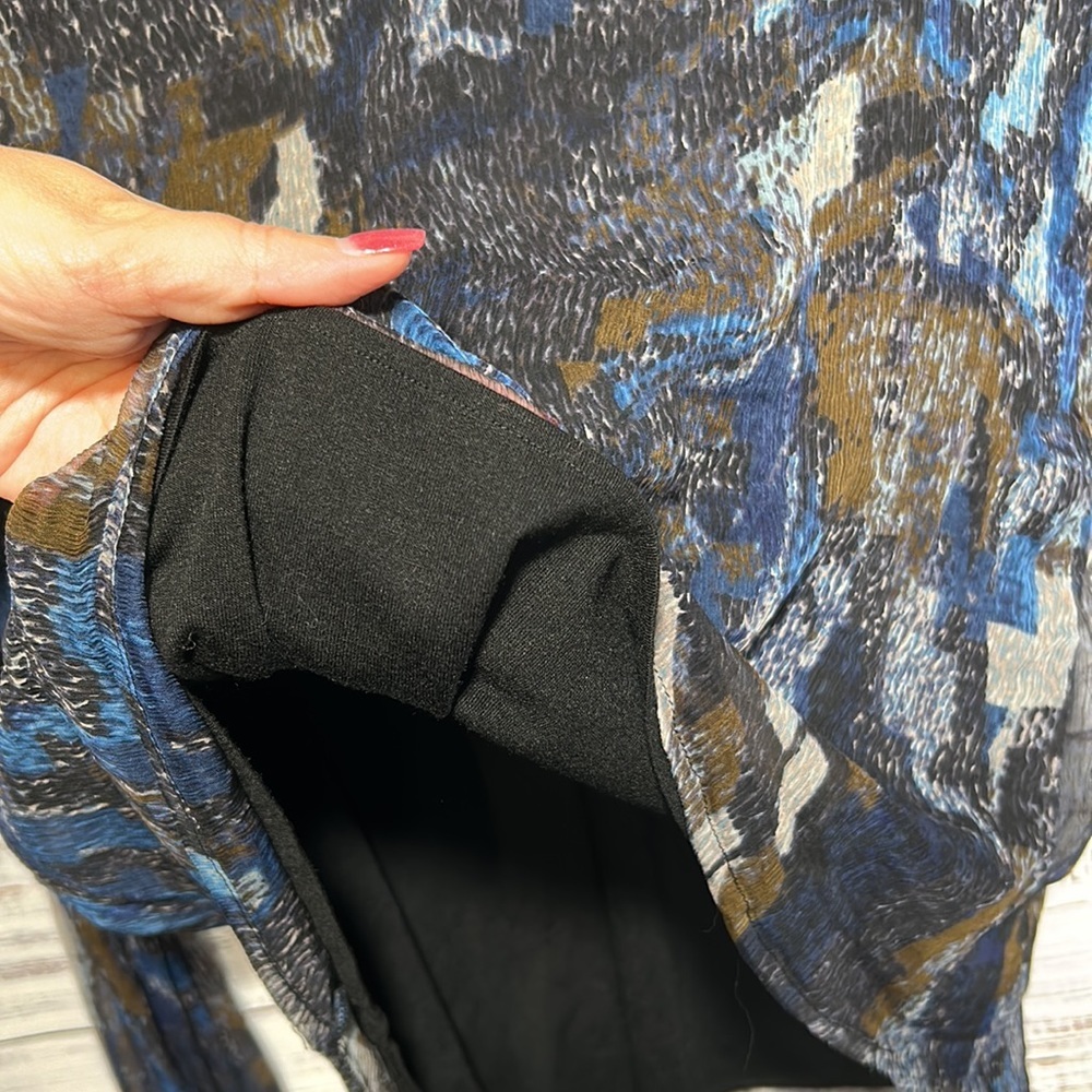 For Love & Lemons Navy Print Silk Leather Cuffs Back Tie V Neck Blouse Medium - Picture 12 of 14